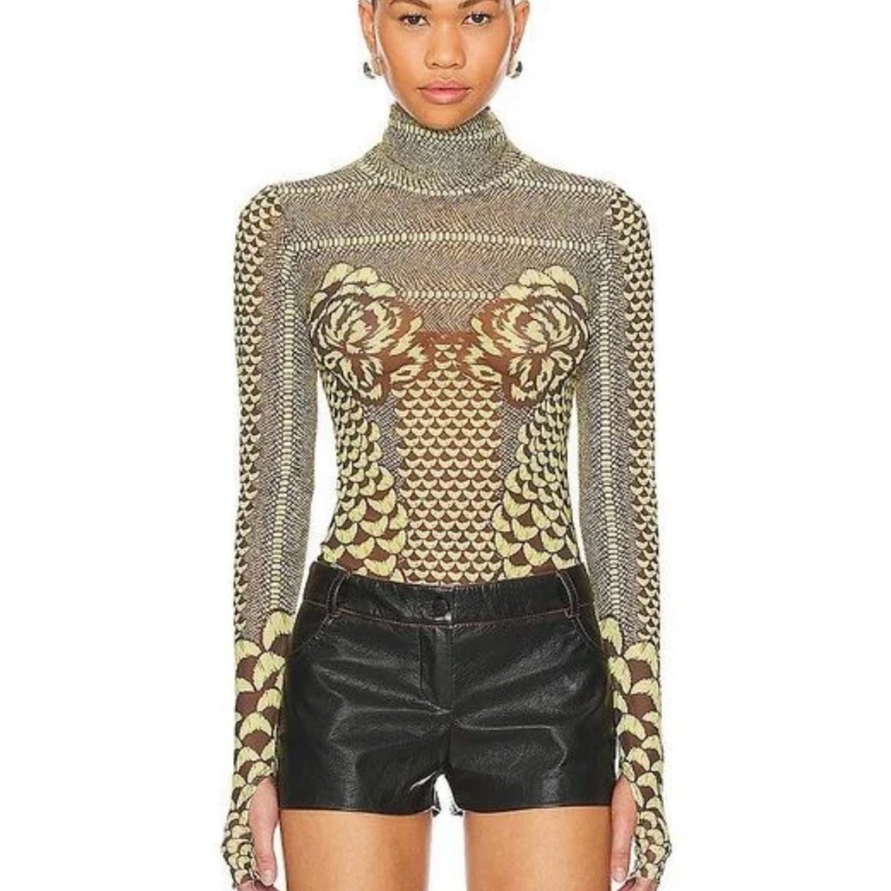 AFRM Zadie Sheer Top (Olive and Brown Floral-Geo Turtleneck Long Sleeve Top)